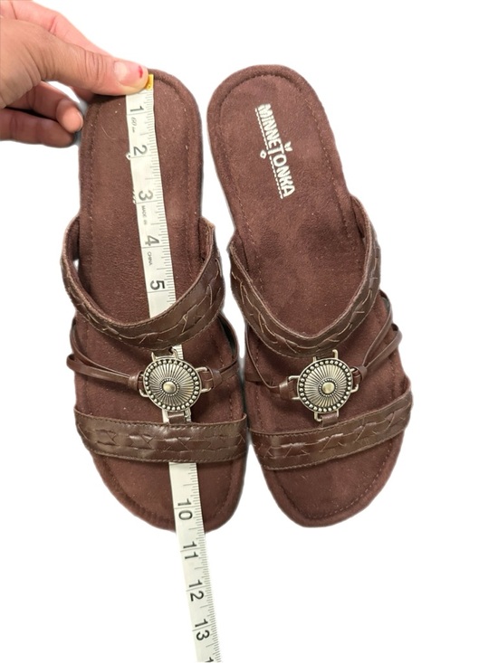 Minnetonka Sandals Brown Sabra Slides with Braided Leather Silver Accent - Picture 9 of 9